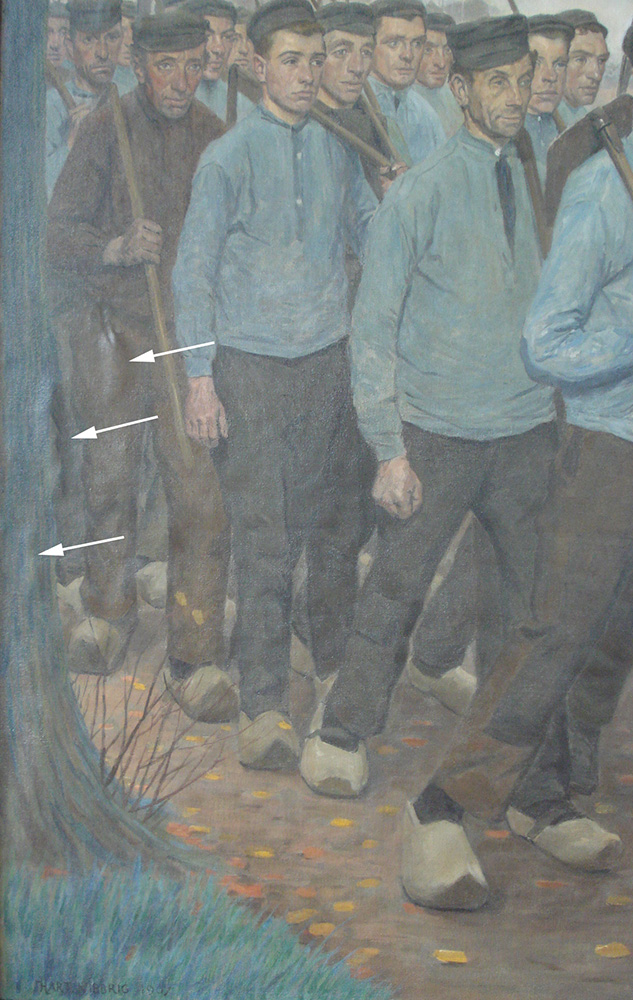 Detail van het schilderij “Opstand der Erfgooiers” geschilderd door Ferdinand Hart Nibbrig. (particuliere collectie). Het schilderij is schuin gefotografeerd onder strijklicht om de blazen zichtbaar te maken op de foto.